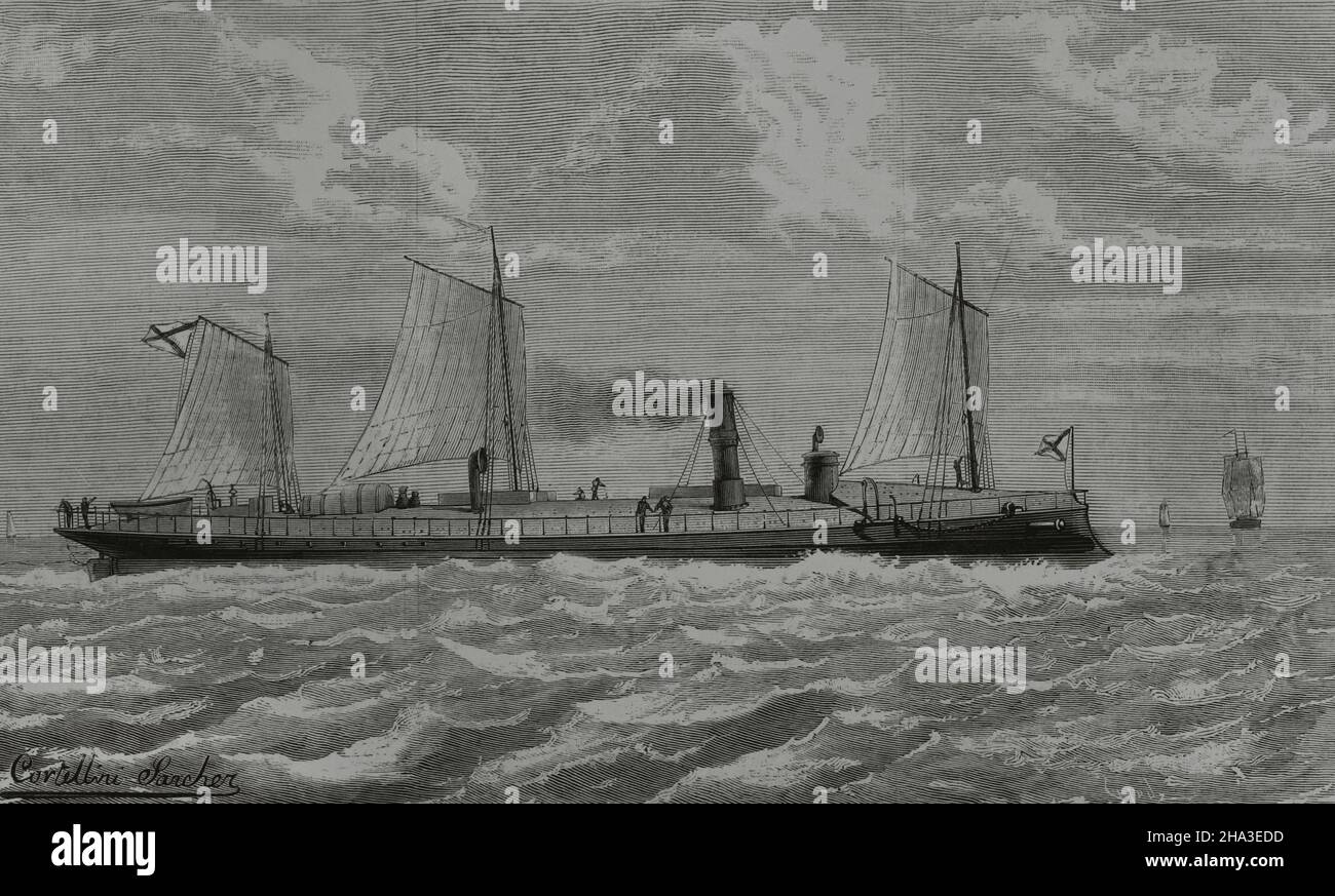 „Batum“ (1880). Torpedo-Boot der kaiserlichen russischen Marine. Illustration von A. Cortellini. Gravur von Capuz. La Ilustración Española y Americana, 1882. Stockfoto
