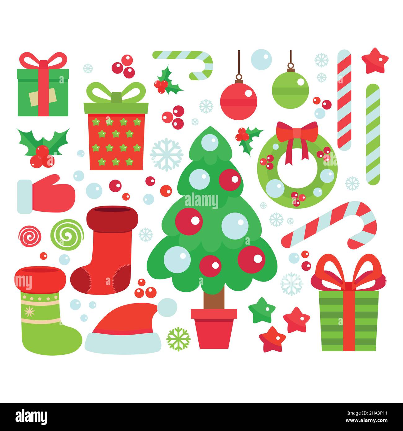 Vektor-Set von Zeichen und Symbole für Weihnachten in Cartoon-Stil. Geschenke und Süßigkeiten, Schneeflocken und andere traditionelle Elemente von Weihnachten. Stock Vektor
