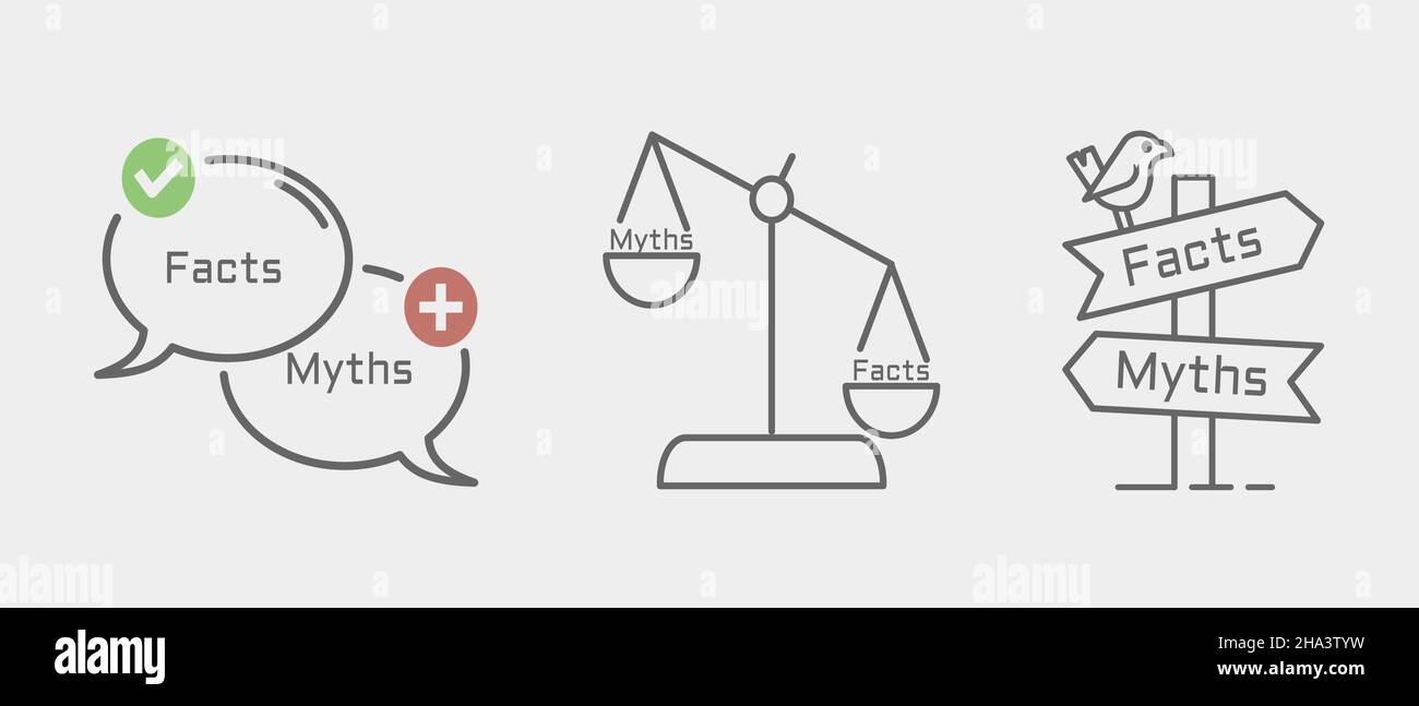 Illustration: Fakten vs. Mythen. Flaches Icon-Set. Isoliert auf weißem Hintergrund. Stock Vektor