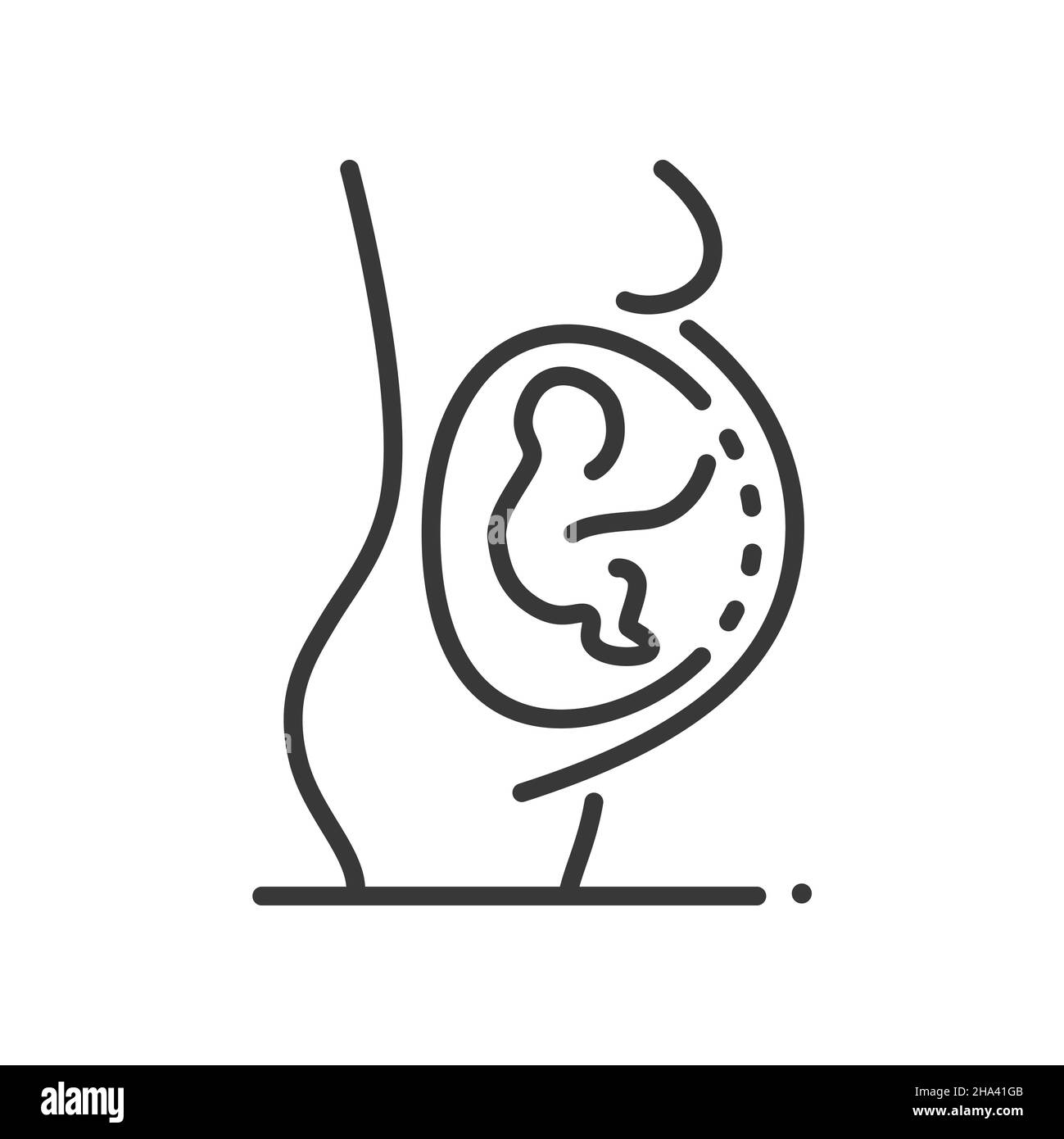 Schwangerschaft - Vektor-Liniendesign einzelnes isoliertes Symbol auf weißem Hintergrund. Hochwertiges schwarzes Piktogramm. Sagittaler Abschnitt einer Schwangeren mit Stock Vektor