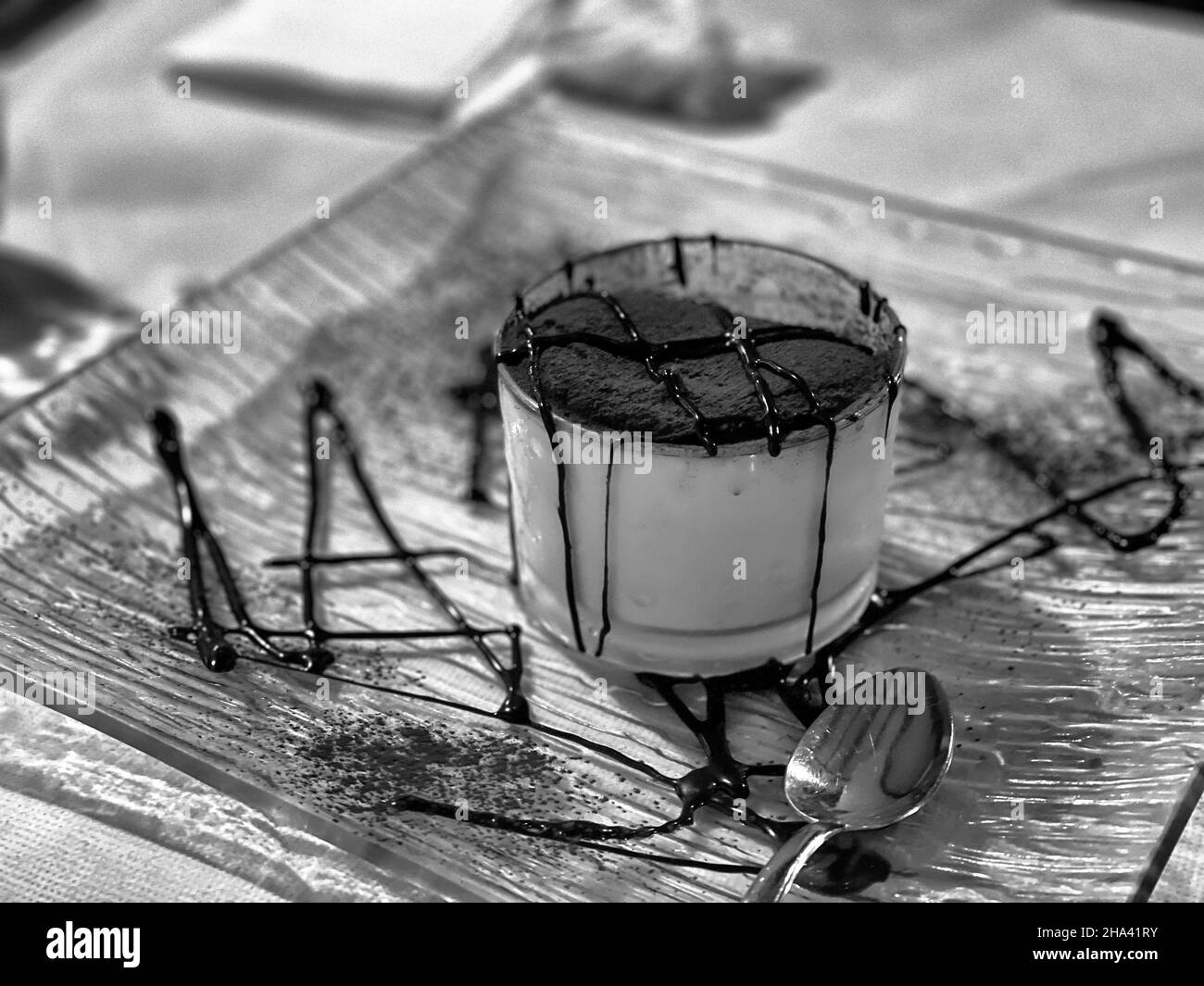 Graustufenaufnahme eines leckeren Tiramisu-Kuchens Stockfoto