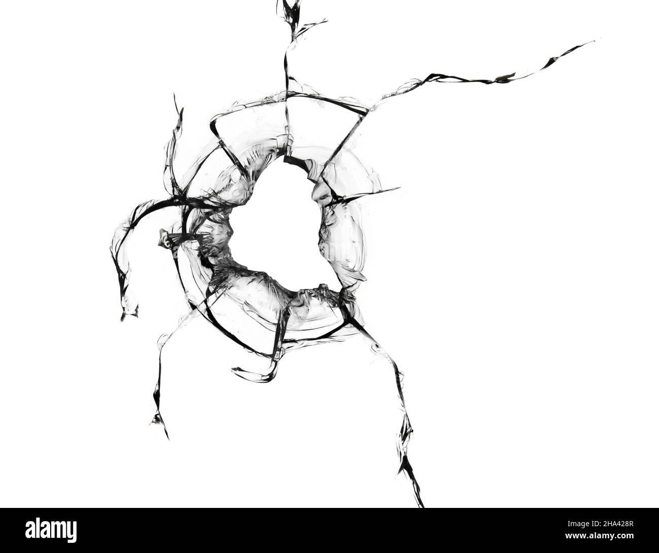 Textur von gebrochenem Glas auf weißem Hintergrund Stockfoto