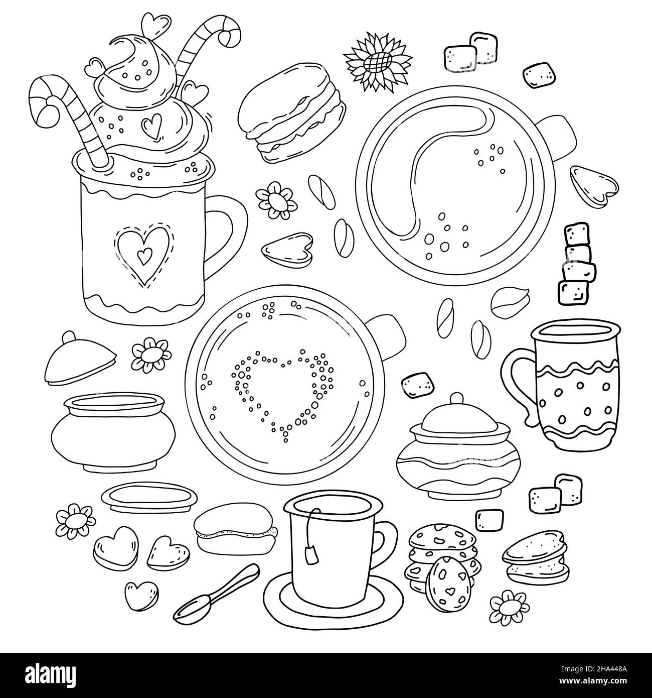 Große Auswahl an Desserts und Gerichten im Stil von handgezeichneten linearen Kritzeln. Tasse Tee und Sahnedessert, Kaffee, Löffel und Zuckerdose, Kekse, Makronen Stock Vektor