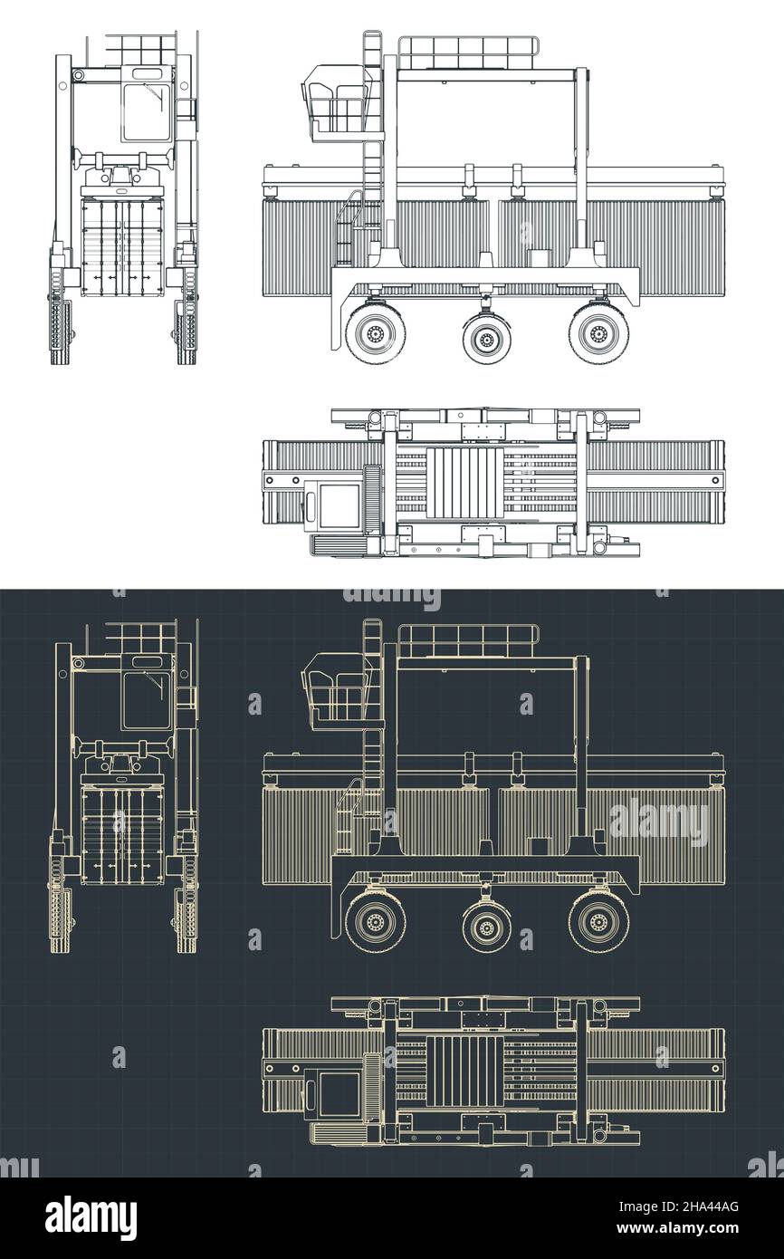 Stilisierte Vektordarstellung von Blaupausen eines Straddle-Trägers beim Transport eines Containers Stock Vektor