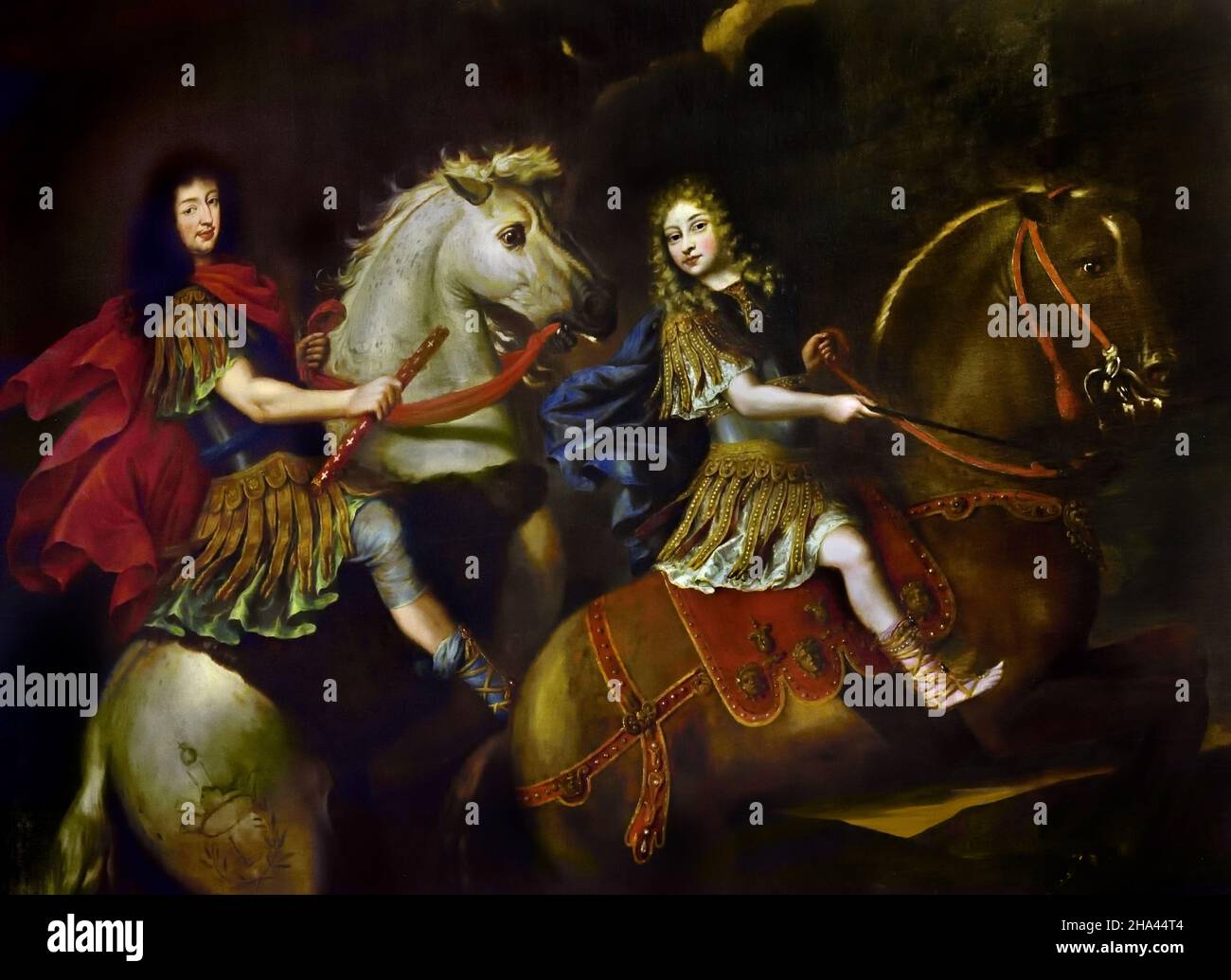 Reiterporträt von Karl Emmanuel II., Herzog von Savoyen, mit seinem Sohn Victor Amadeus II Giovanni Battista Brambilla1675 ( Detail ) Torino Palazzo reale - der Königspalast von Turin ist ein historischer Palast des Hauses Savoyen, Italienisch, (Das Pferd des Herzogs und die alte Kleidung des Herzogs erinnern an das Modell, das Pierre Mignard im berühmten Porträt Ludwigs XIV. Von Frankreich, heute in Versailles, zur Verfügung gestellt hat) Stockfoto