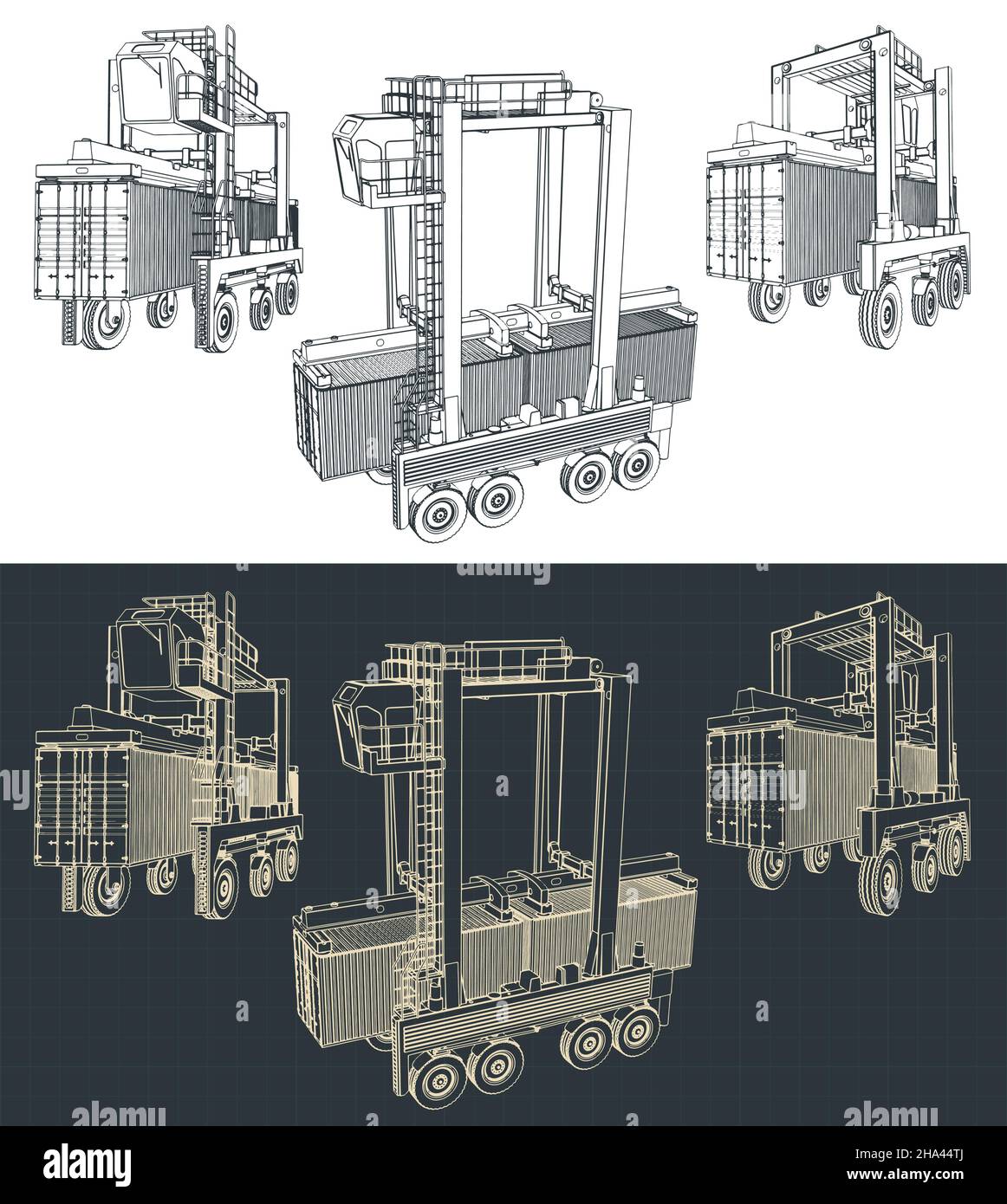 Stilisierte Vektordarstellung von Blaupausen eines Straddle-Trägers beim Transport eines Containers Stock Vektor