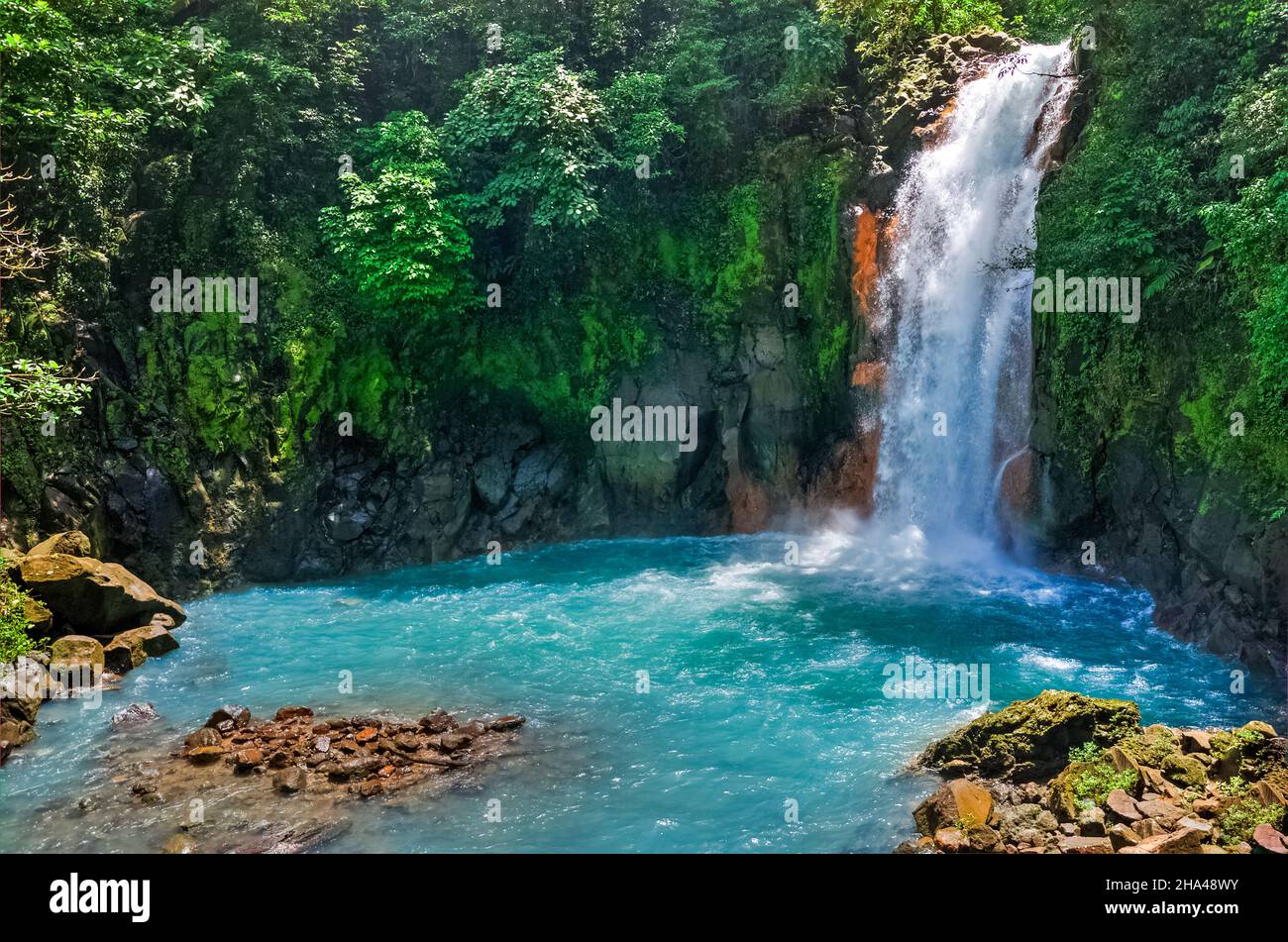 Panoramablick auf den Rio Celeste Fluss und Wasserfall, Vulkan Tenorio Nationalpark, Costa rica Stockfoto