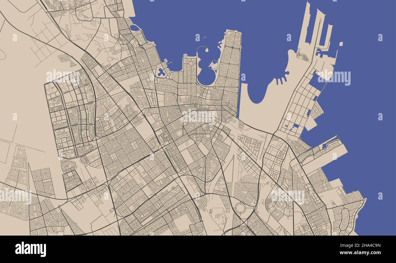 Dammam-Vektorkarte. Detaillierte Karte des Verwaltungsgebiets der Stadt Dammam. Stadtbild-Panorama. Lizenzfreie Vektorgrafik. Übersichtskarte mit Autobahnen, s Stock Vektor