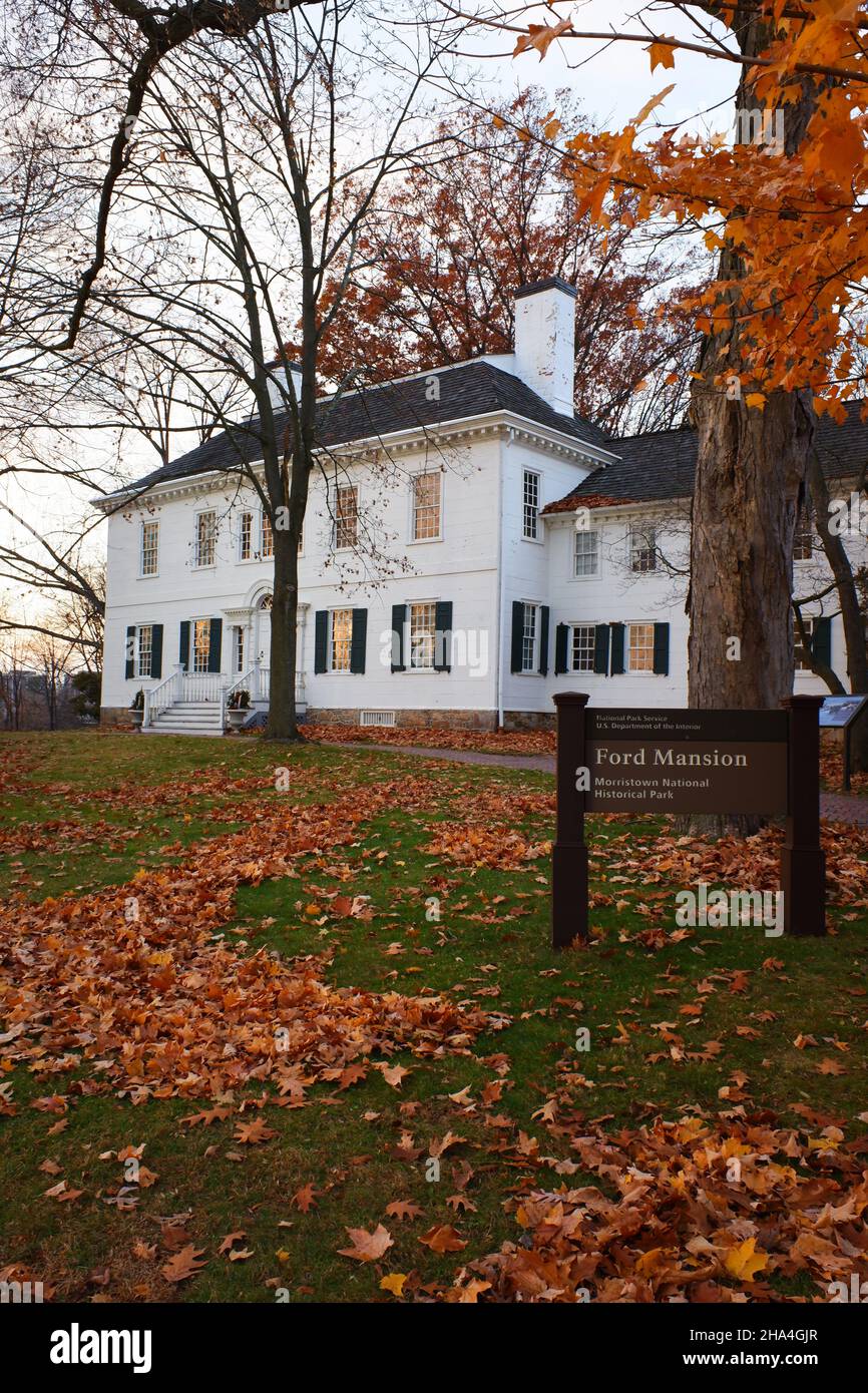 Das im georgischen Stil gehaltene Ford Mansion war von Dezember 1779 bis Juni 1780 während des amerikanischen Revolutionskrieges das Hauptquartier von George Washington.Morristown.New Jersey.USA Stockfoto