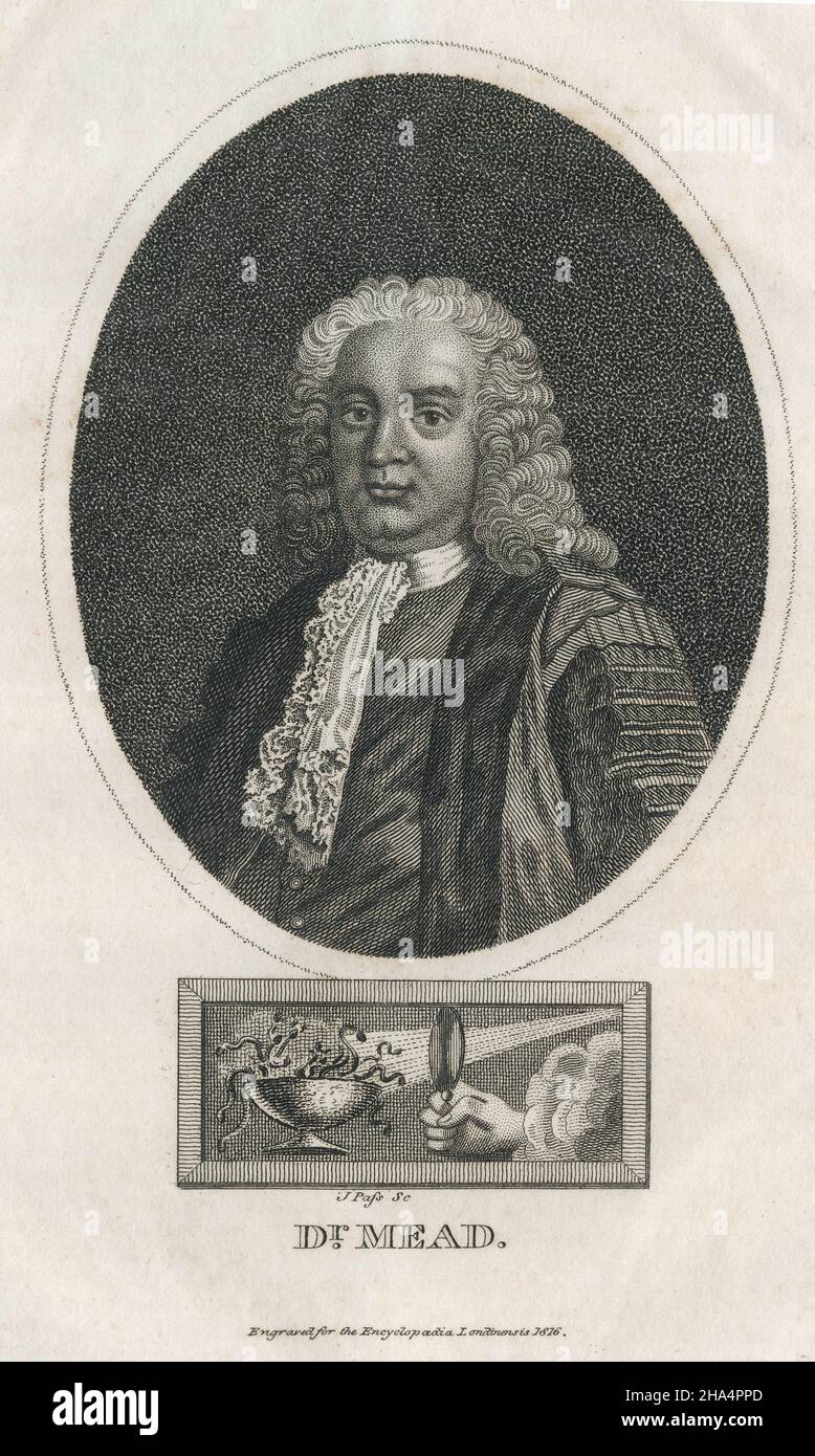 Antiker Stich von Richard Mead aus dem Jahr 1816. Richard Mead, FRS, FRCP, (1673-1754) war ein englischer Arzt. Seine Arbeit „A Short Discourse concerning pestilential contagion, and the Method to be used to Prevent it“ (1720) war von historischer Bedeutung für das Verständnis übertragbarer Krankheiten. QUELLE: ORIGINALGRAVUR Stockfoto