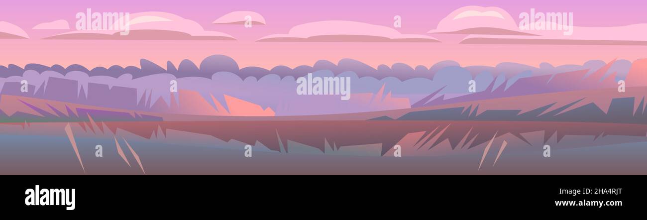 Abendlandschaft. Ländliche Landschaft schöne Aussicht. Dämmerung nach Sonnenuntergang. Früh am Morgen vor Sonnenaufgang. Felder und Wiesen. Flacher Style. Horizont Stock Vektor