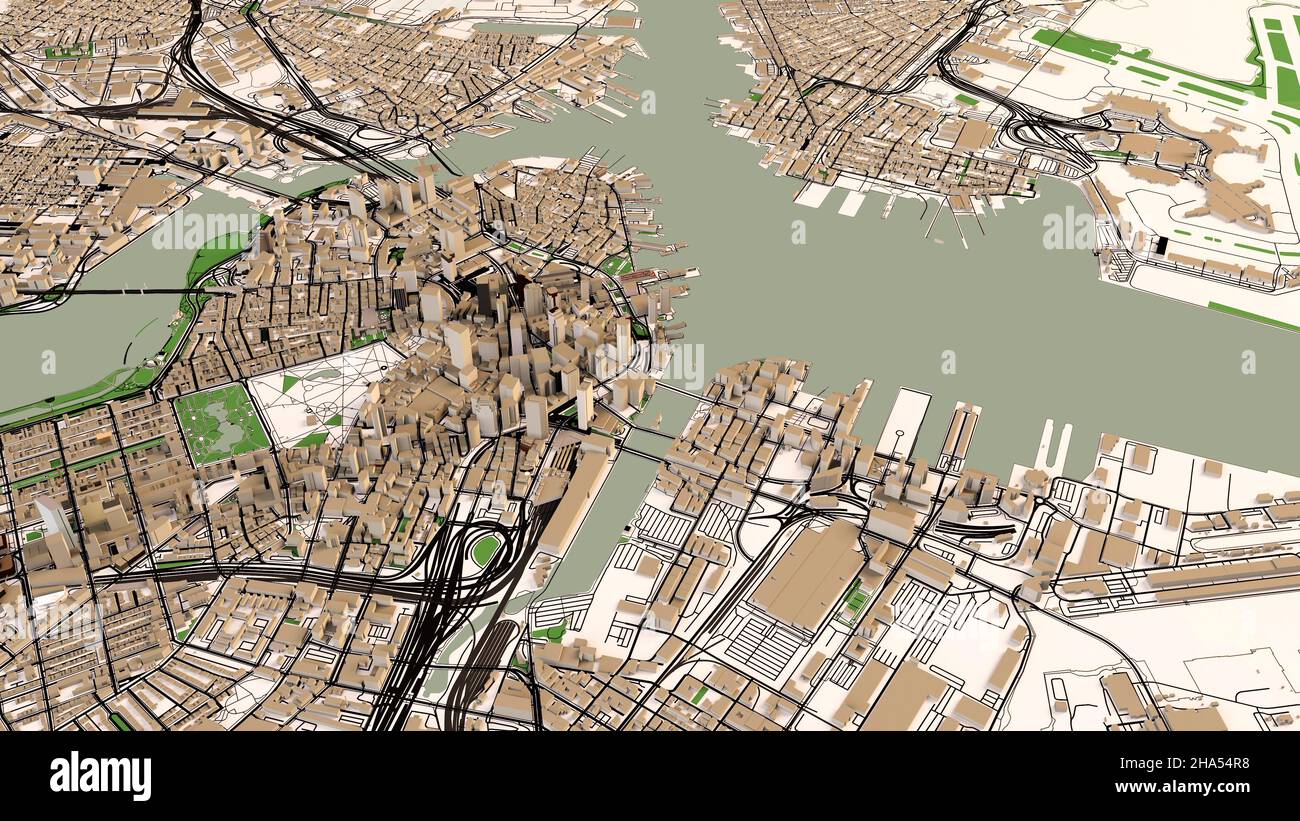 Satellitenansicht von Boston. Karte, Straßen und Gebäude. 3D Rendern. Stadtzentrum, Massachusetts. Usa Stockfoto