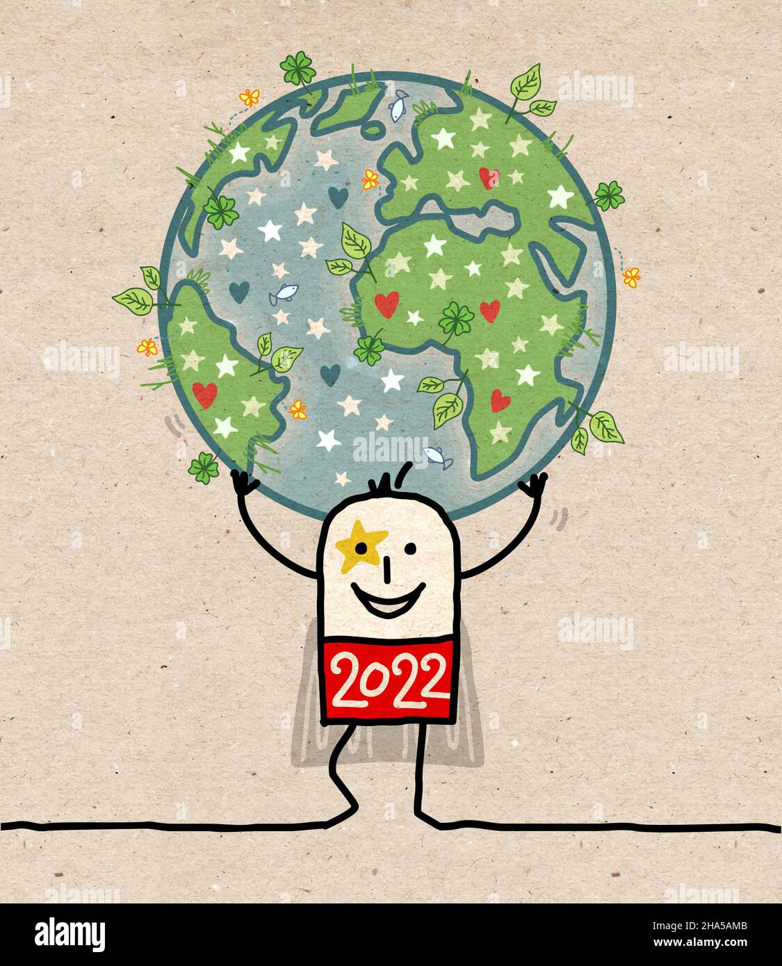 Cartoon 2022 Super Hero trägt die Erde, natürlich und friedlich - braune Papiertextur Stockfoto