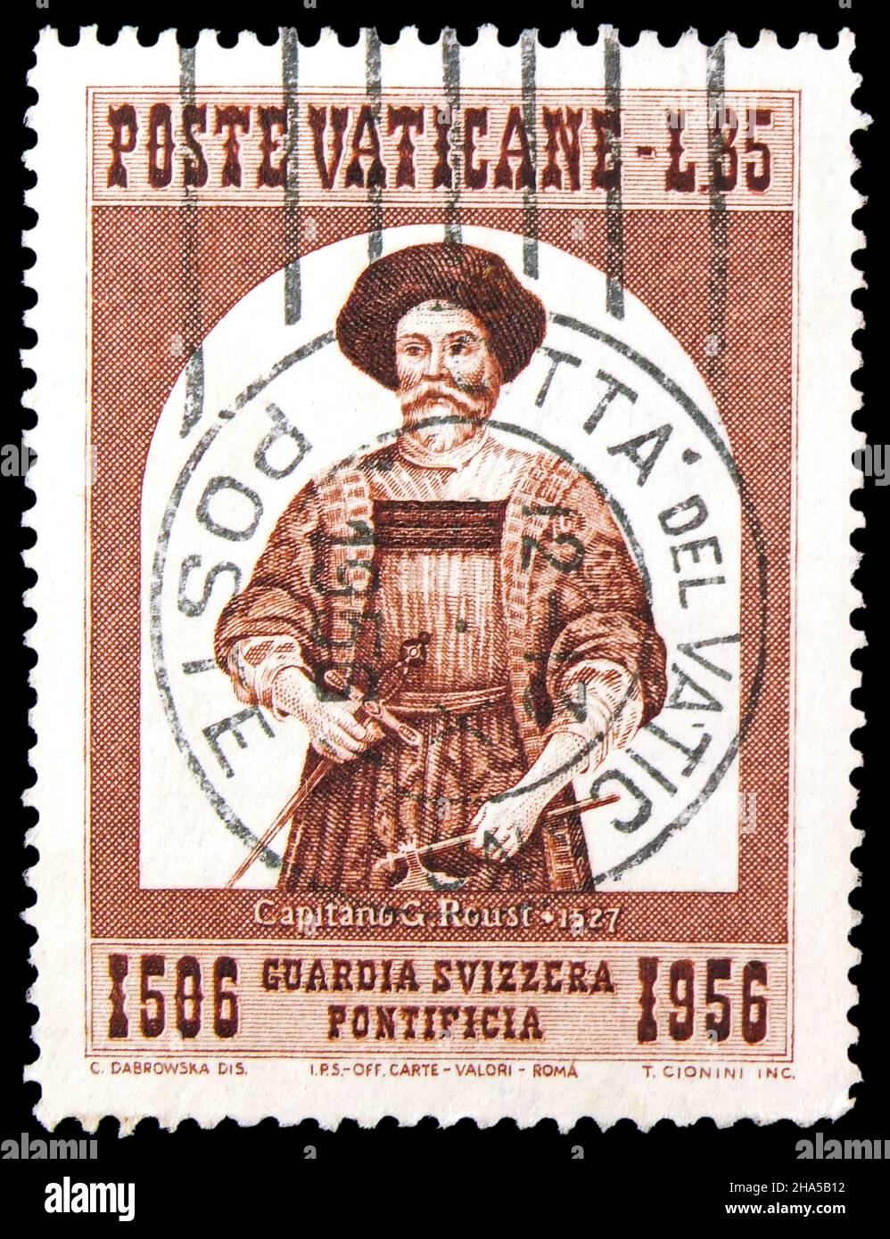MOSKAU, RUSSLAND - 4. NOVEMBER 2021: Die im Vatikan gedruckte Briefmarke zeigt Captain Roust, 450th. Jahrestag der Serie der Schweizer Garde, um 1956 Stockfoto