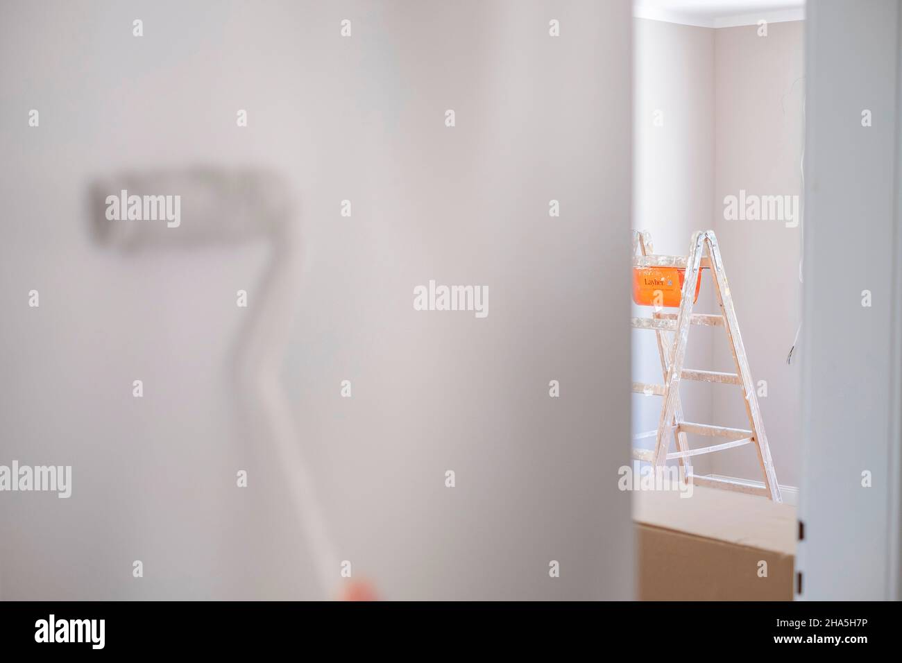 Baustelle, Renovierung und Renovierung einer Wohnung, eine Wand ist weiß gestrichen Stockfoto