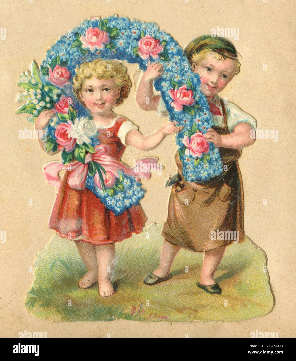 Hochglanz-Bild: Junge und Mädchen mit Hufeisen von Vergissmeinnicht und Rosen , (, ) Stockfoto