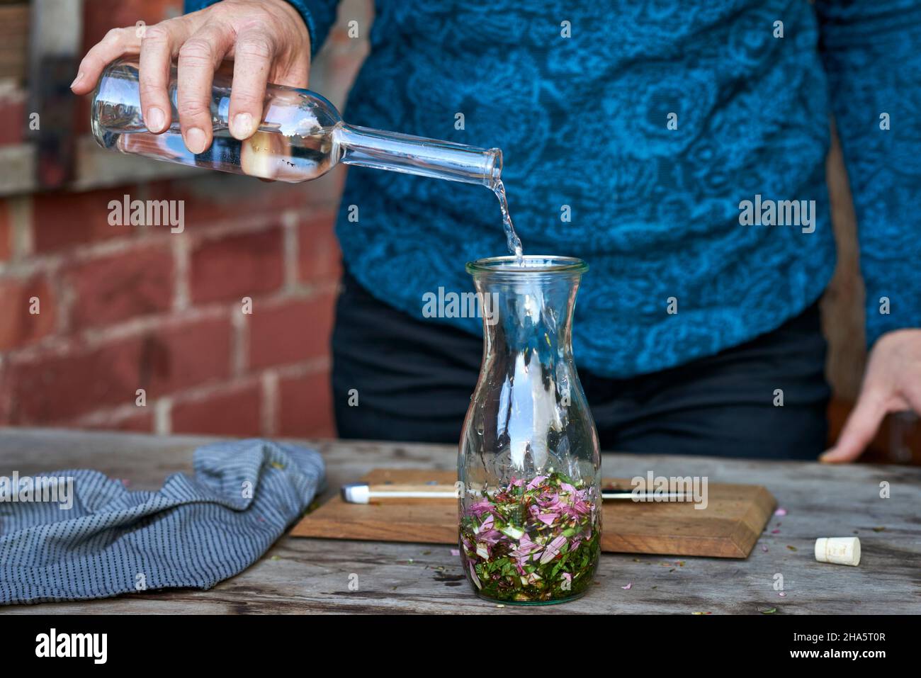 Die Frau gießt Alkohol aus einer Glasflasche in eine Flasche mit aufgezerstoßenem Echinacea Stockfoto