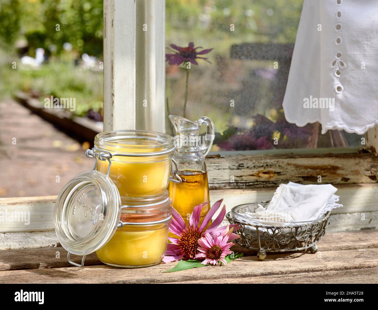 Zwei mit Echinacea-Salbe gefüllte Vorratsgläser und eine Glaskaraffe aus Pflanzenöl stehen zusammen mit einem Metallkorb und textilen Taschentüchern auf einem Holztisch vor einem Werkstattfenster Stockfoto