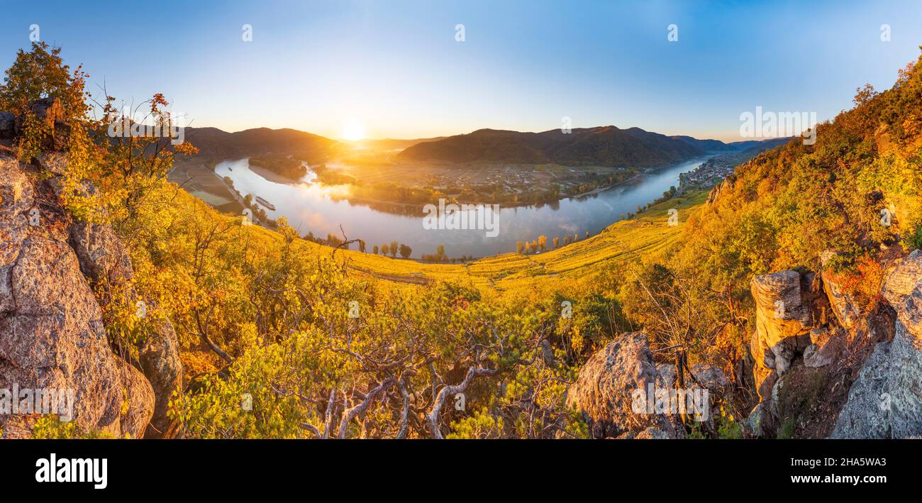 dürnstein, Donauknie bei weißenkirchen, Blick nach dürnstein (links) und weißenkirchen (rechts), Weinberg, Kreuzschiff in wachau, niederösterreich, österreich Stockfoto