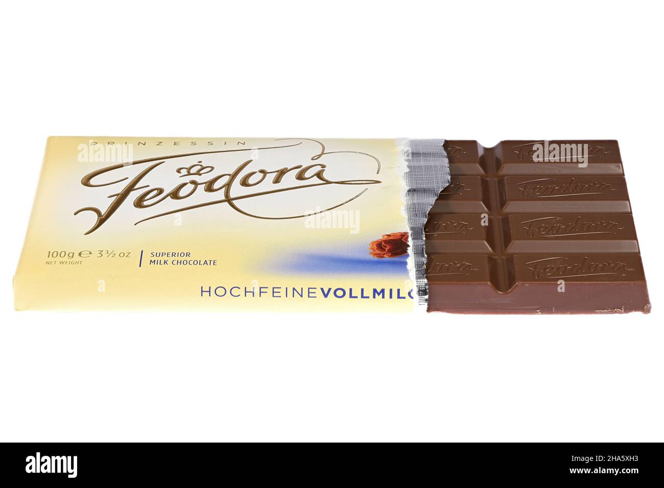 Feodora überlegene Milchschokolade isoliert auf weißem Hintergrund Stockfoto