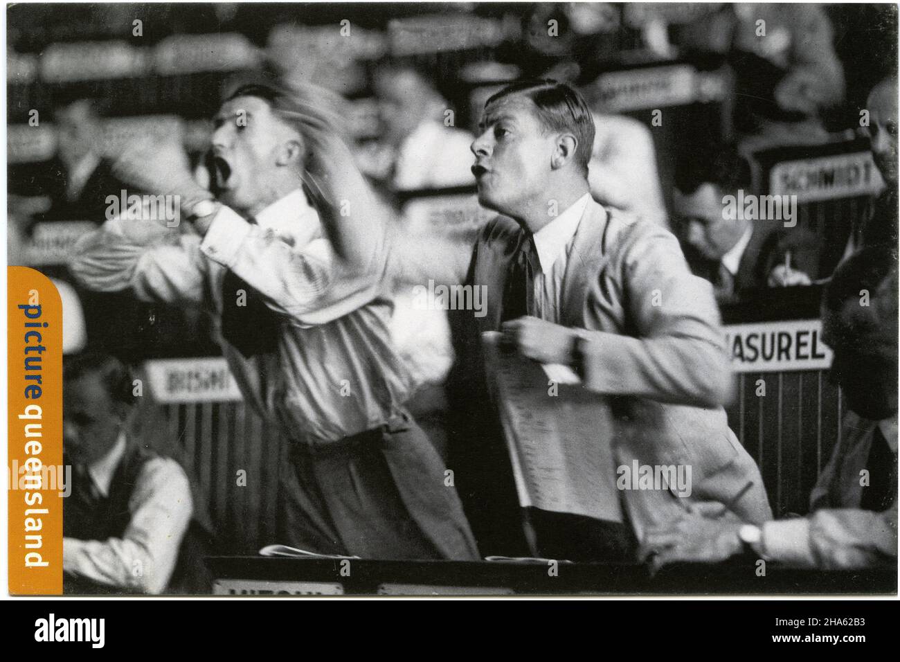 Postkarte mit einer historischen Szene der Börse von Queensland Stockfoto