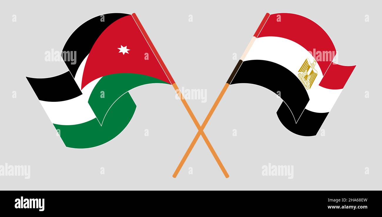 Gekreuzte und winkende Fahnen Jordaniens und Ägyptens. Vektorgrafik Stock Vektor