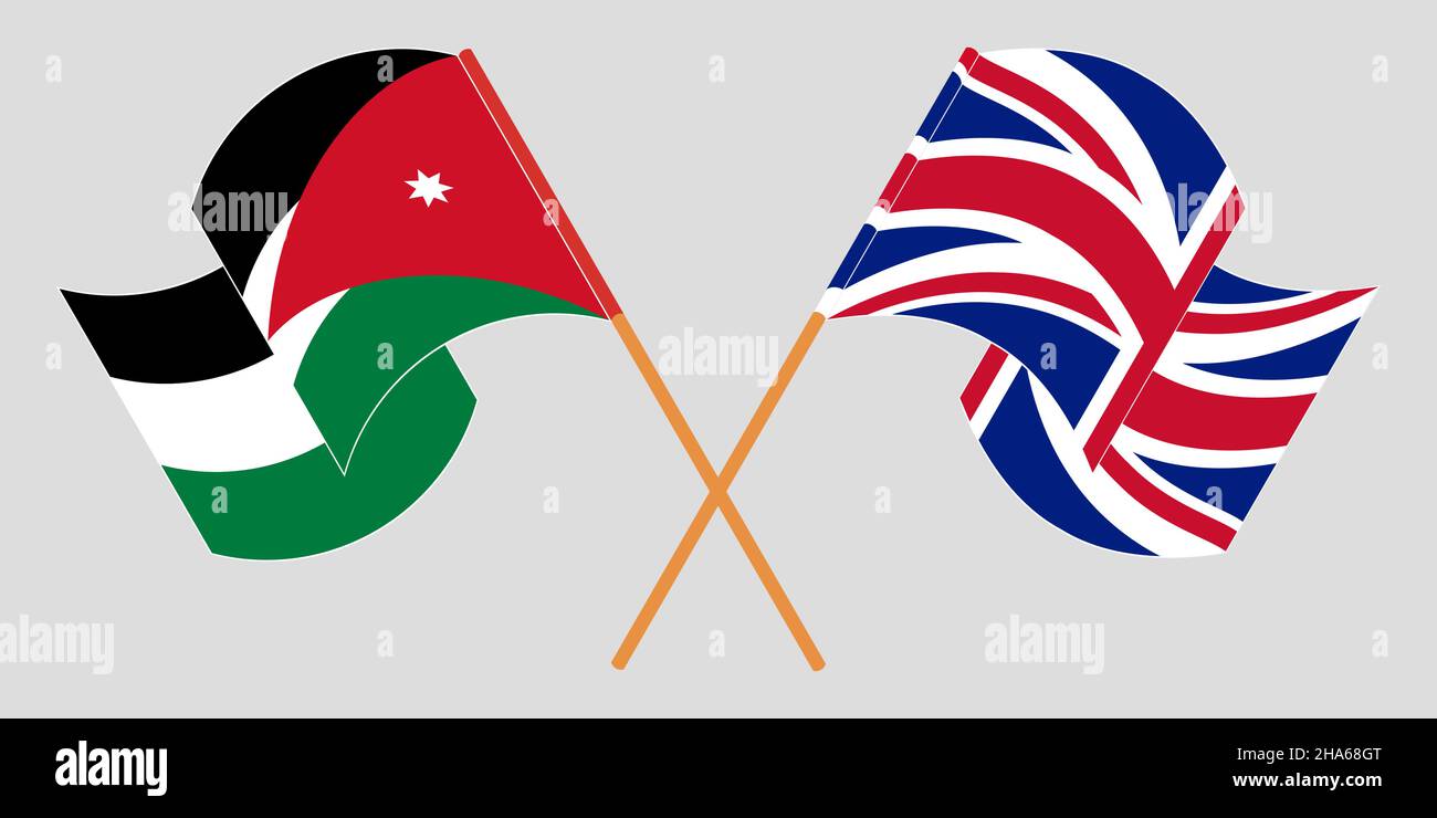 Gekreuzte und winkende Flaggen von Jordanien und Großbritannien. Vektorgrafik Stock Vektor