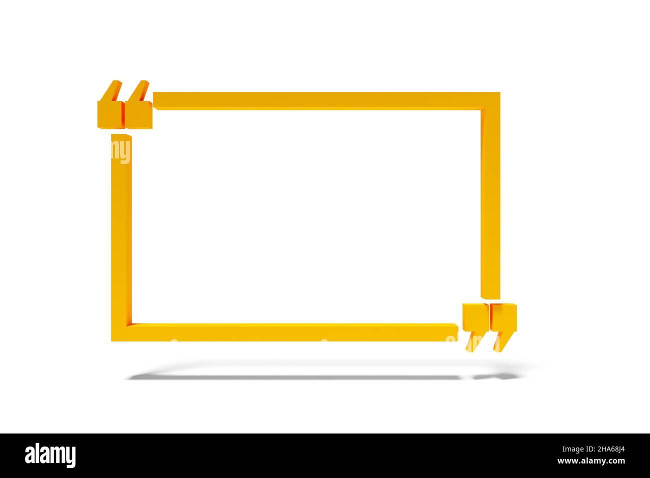 Leere, leere, orangefarbene Sprechblase mit Anführungszeichen auf weißem Hintergrund, Rahmen für Zitat-, Rede- oder Nachrichtenvorlage, 3D Illustration Stockfoto