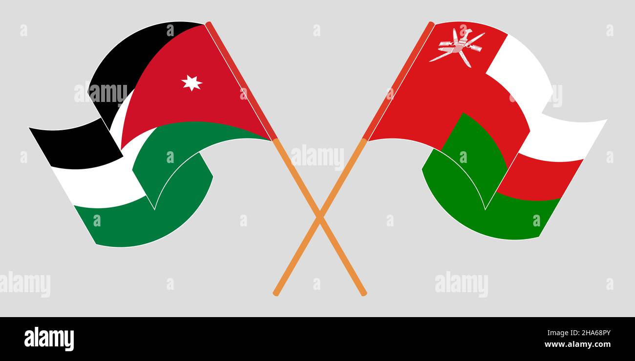 Gekreuzte und winkende Flaggen von Jordanien und Oman. Vektorgrafik Stock Vektor
