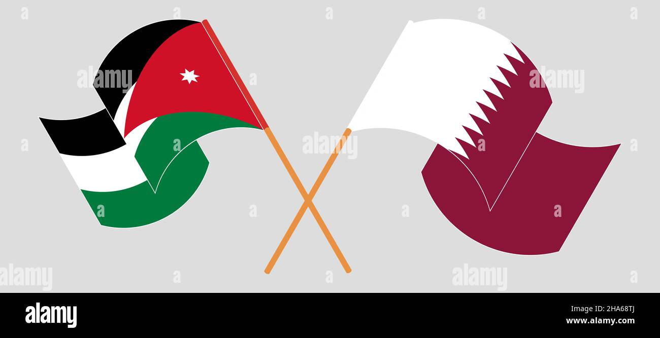 Gekreuzte und winkende Flaggen von Jordanien und Katar. Vektorgrafik Stock Vektor