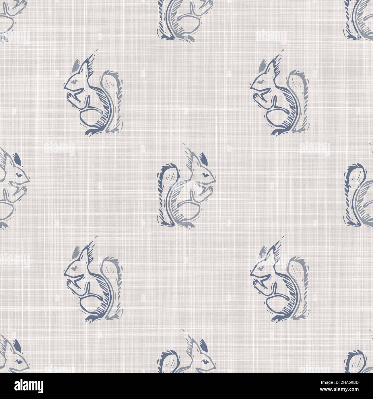 Nahtlose französisch Bauernhaus Eichhörnchen Leinen bedruckten Stoff Hintergrund. Provenzalblau graue Musterstruktur. Shabby Chic Stil gewebten Hintergrund. Textil Stockfoto