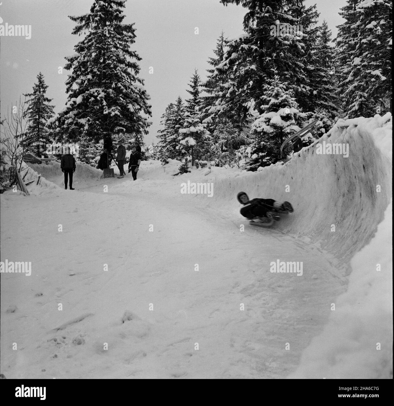 Zakopane, 1969-12-03. OD 2 XII 1969 r. kadra polskich saneczkarzy (seniorów i juniorów), pod kierunkiem Ryszarda Gurbowicza, trenowa³a na sztucznym torze, usypanym przez samych zawodników pod Krokwi¹. Nz. œlizg zawodnika na torze. pw PAP/Tadeusz Olszewski Zakopane, 3. Dezember 1969. Seit dem 2. Dezember 1969 führten die polnischen luger-Teams, sowohl Senior als auch Junior, unter der Leitung von Ryszard Gurbowicz Übungen auf der künstlichen Rodelbahn durch, die von den Wettbewerbern in der Nähe des Krokwia-Sprungs gemacht wurde. Im Bild: Ein luger während des Trainings. pw PAP/Tadeusz Olszewski Stockfoto