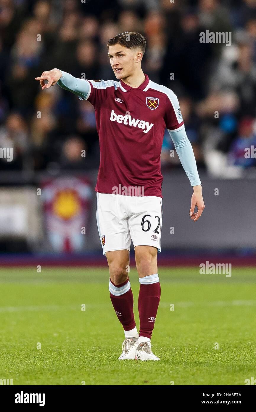 London, Großbritannien. 09th Dez 2021. Freddie Potts von West Ham United während des UEFA Europa League Group H-Spiels zwischen West Ham United und Dinamo Zagreb im London Stadium am 9th 2021. Dezember in London, England. (Foto von Daniel Chesterton/phcimages.com) Quelle: PHC Images/Alamy Live News Stockfoto