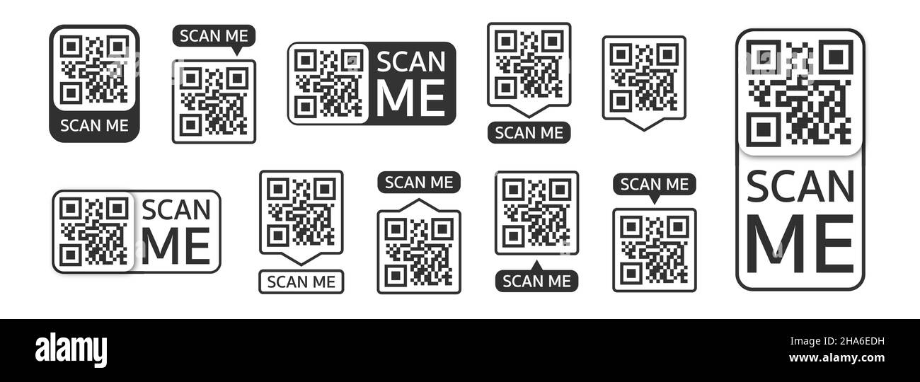 QR-Code festgelegt. Vorlage von Rahmen mit Text - Scannen Sie mich und QR-Code für Smartphone, mobile App, Zahlung und Rabatte. Quick Response-Codes. Vektorgrafik Stock Vektor