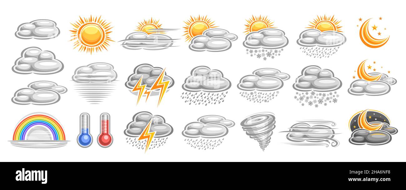 Vektor-Set von Wettersymbolen, Lot-Sammlung verschiedener ausgeschnittener Illustrationen von grauen dekorativen Wettersymbolen, Banner mit Gruppe verschiedener isolierter ca. Stock Vektor