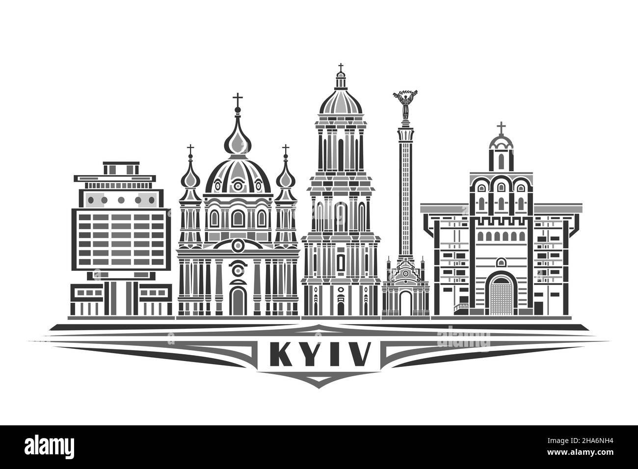Vektordarstellung von Kiew, monochromes horizontales Poster mit linearem Design historisches kiewer Stadtbild, urbanes Linienkunstkonzept mit einzigartigem dekorativem l Stock Vektor