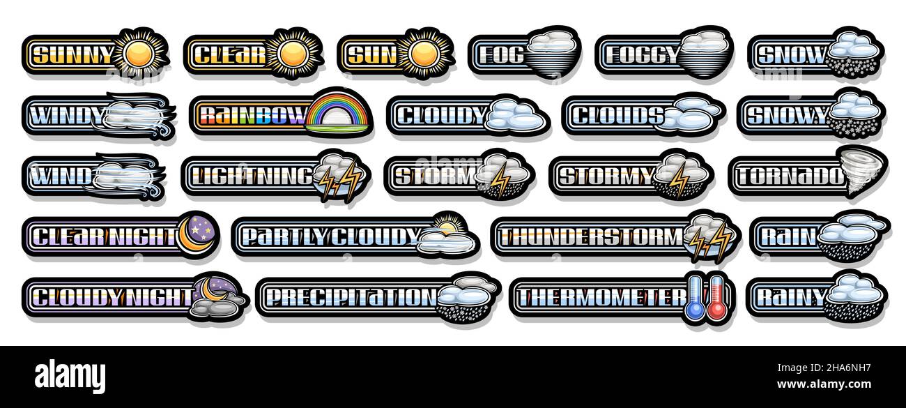 Vektor-Set von Wettersymbolen, Los-Sammlung von verschiedenen ausgeschnittenen Illustrationen von dunklen dekorativen Wettersymbolen, Banner mit Gruppenvielfalt isolierten Wagen Stock Vektor