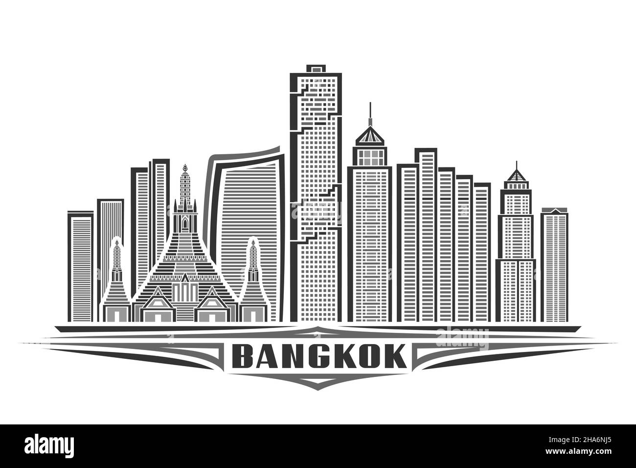 Vektor-Illustration von Bangkok, monochromes horizontales Poster mit linearem Design berühmte bangkok Stadtlandschaft, urbanes Linienkunstkonzept mit dekorativem lett Stock Vektor