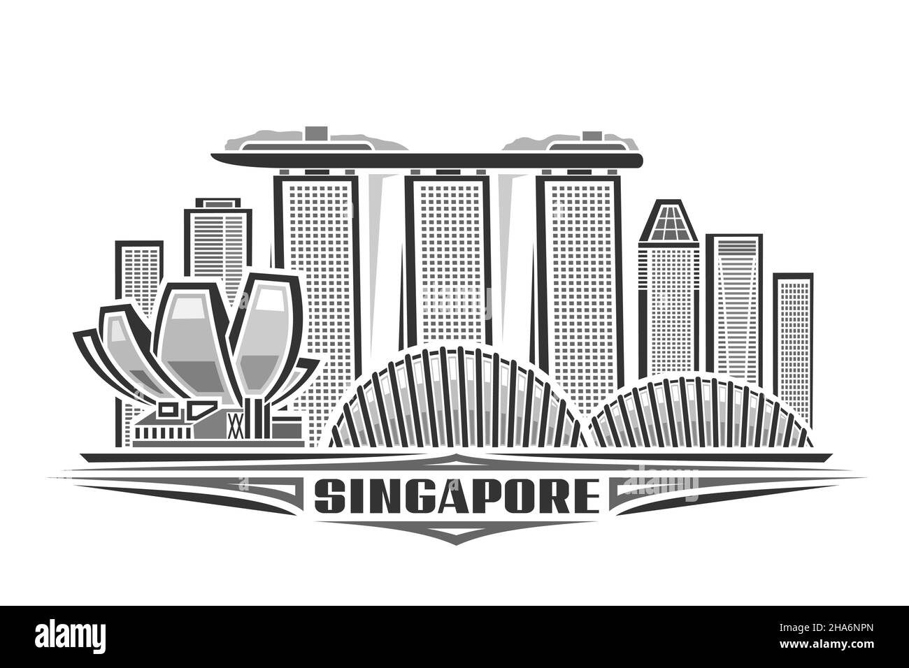 Vektor-Illustration von Singapur, monochromes horizontales Poster mit linearem Design singapur-Stadtbild, asiatisches Stadtliniendesign-Konzept mit dekorativem l Stock Vektor