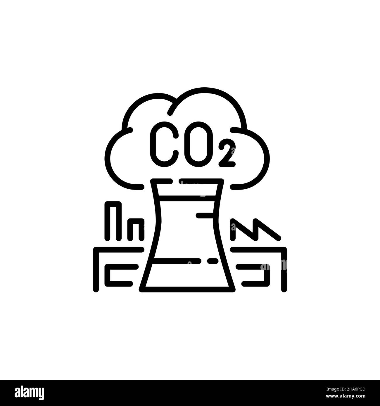 Fabrik verschmutzende Luft mit CO2. Emissionen, die die globale Erwärmung verursachen. Pixel Perfect, bearbeitbares Kontursymbol Stock Vektor