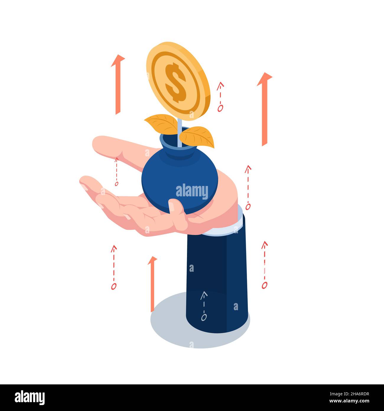 Flache 3D isometrische Geschäftsmann Hand hält Münze Pflanze in Blumentopf mit aufsteigenden Pfeil. ROI-Return on Investment und Dividendenrendite-Konzept. Stock Vektor