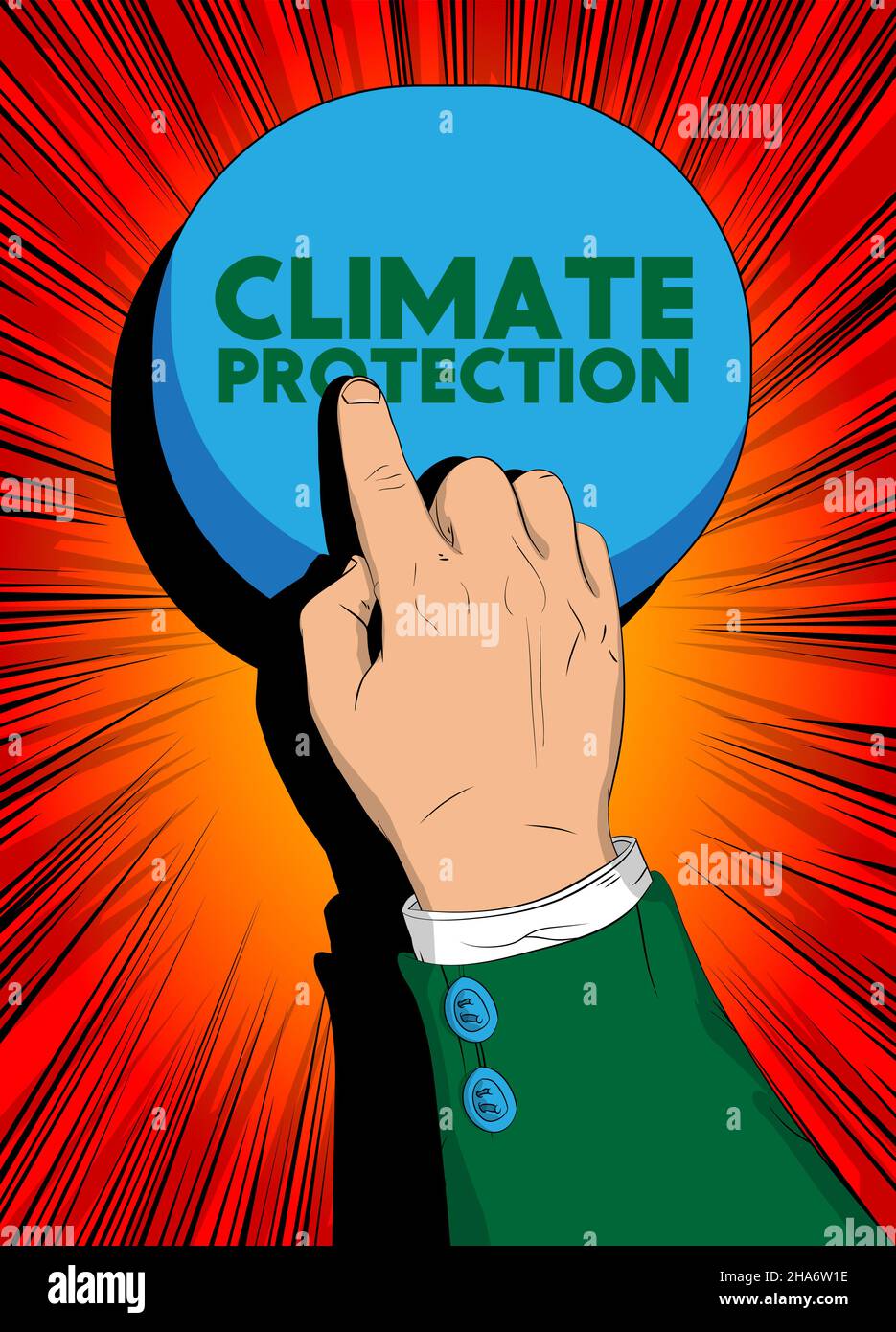 Geschäftsmann drückt mit seinem Zeigefinger die Klimaschutztaste. Konzept im Comic-Stil. Stock Vektor