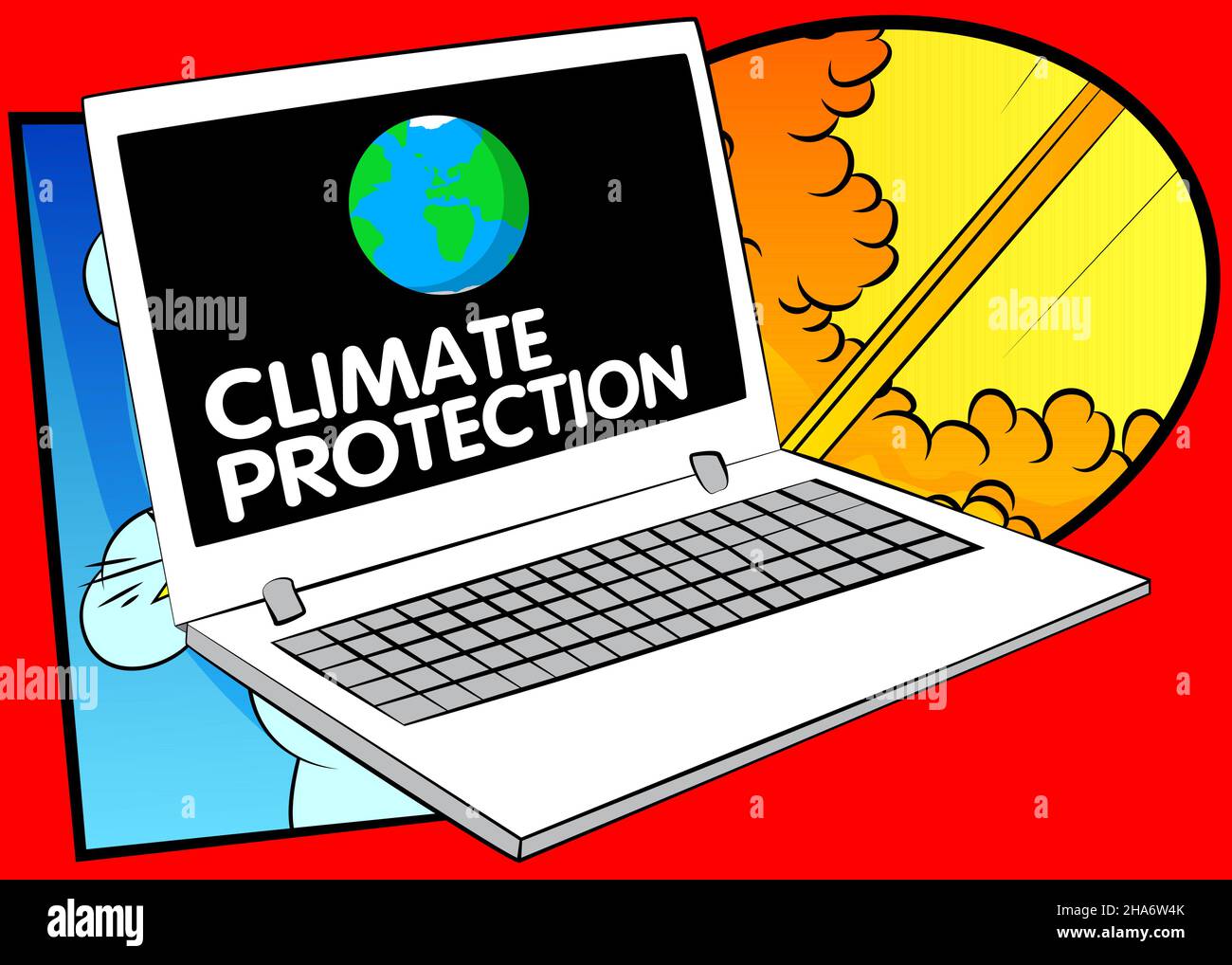 Laptop mit dem Wort Klimaschutz auf dem Bildschirm. Vektorgrafik Cartoon-Illustration. Stock Vektor
