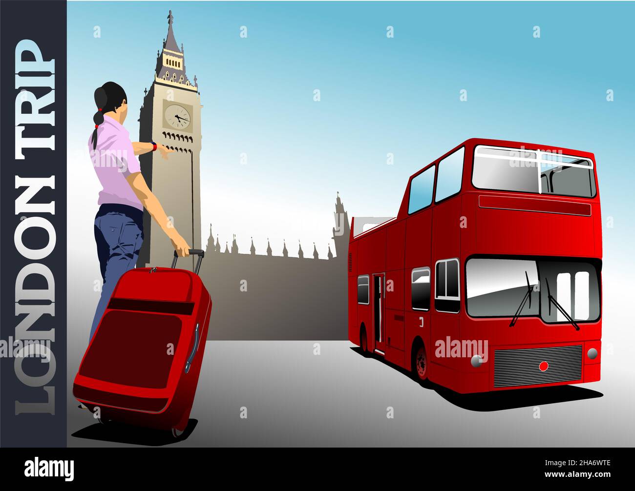 London-Bild mit Mädchen Silhouette und roten Exkursionsbus. Farbige vektorgrafik 3D Stock Vektor