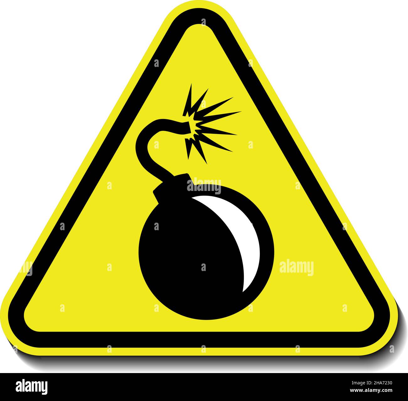 Bombenwarnschild, Explosionsgefahr. Gelbes Dreieck Warnsymbol, Vektorsymbol, isoliert auf weißem Hintergrund Stock Vektor