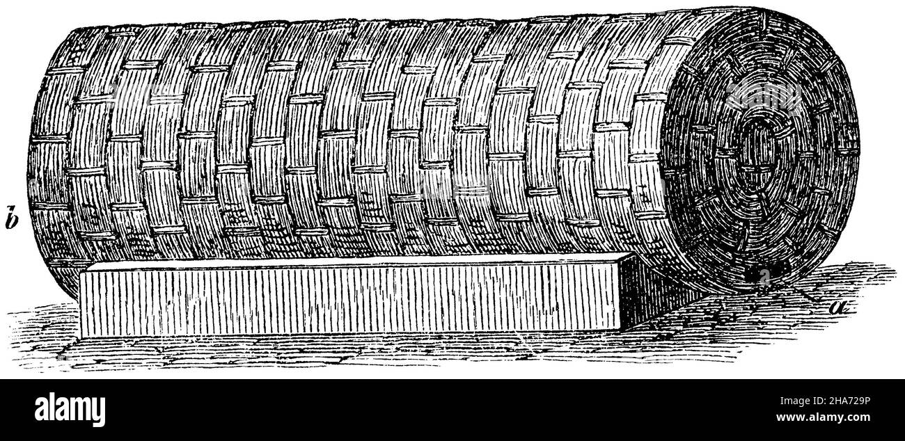 Bienenstock aus Stroh, Walze. A) Flugloch; b) hintere Abdeckung (hier nicht sichtbar) zum Entfernen., , (Enzyklopädie, 1893) Stockfoto