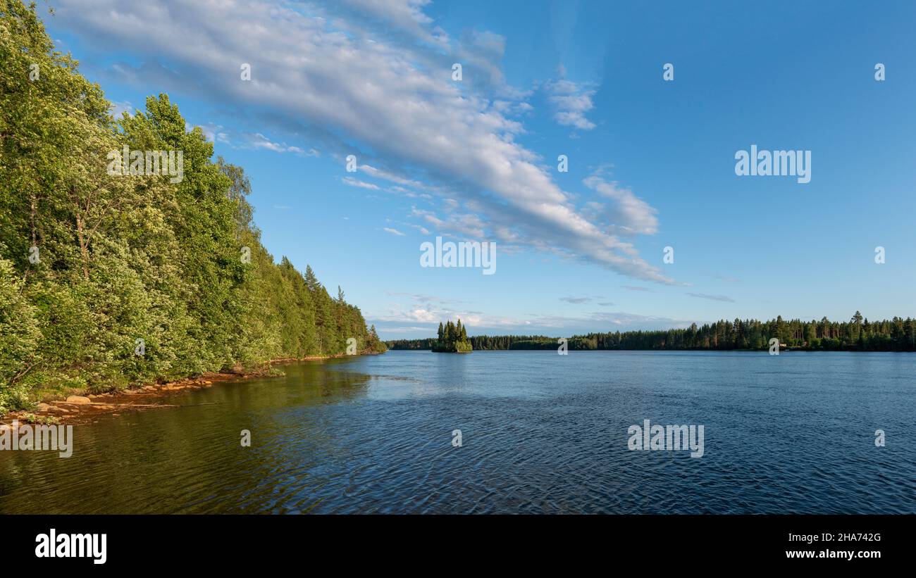 Schwedischer arktischer Pite-Fluss, der im malerischen Waldgebiet fließt Stockfoto