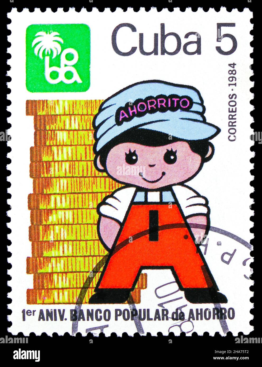 MOSKAU, RUSSLAND - 8. NOVEMBER 2021: Die in Kuba gedruckte Briefmarke zeigt das Jahr 1 der Sparkasse, um 1984 Stockfoto