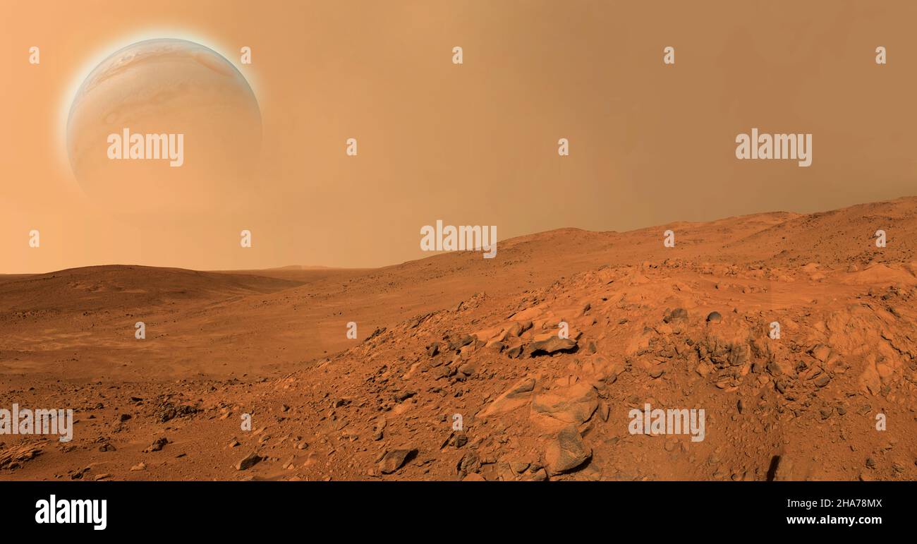 Landschaft auf dem Planeten Mars, szenische Wüstenszene auf dem roten Planeten.3D Illustration.Roter Planet. Mars Oberfläche Staub Atmosphäre.Erde-wie Planet.Erde-Typ Stockfoto