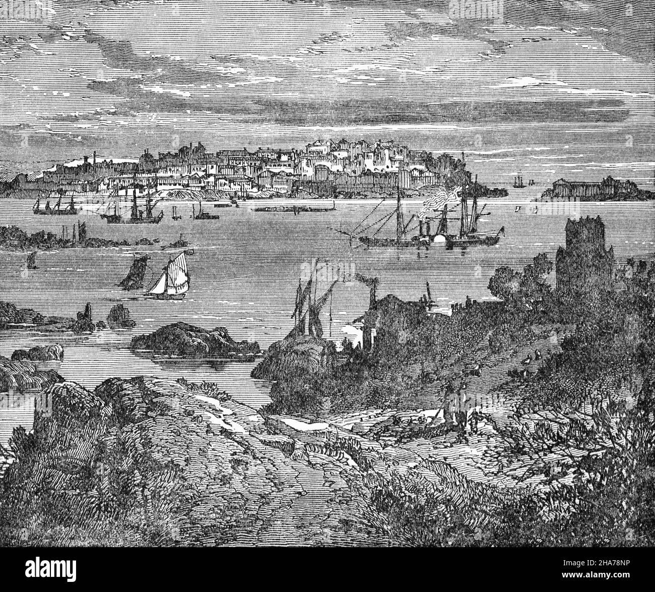 Eine Illustration der bewohnten Seefestung aus dem späten 19th. Jahrhundert, die auf acht Inseln etwa 4 km südöstlich des Stadtzentrums von Helsinki, der Hauptstadt Finnlands, errichtet wurde. Ursprünglich Sveaborg (Schloss der Schweden) genannt, wurde es 1918 in finnischer Sprache in Suomenlinna (Schloss von Finnland) umbenannt. Die schwedische Krone begann 1748 mit dem Bau der Festung als Schutz vor dem russischen Expansionismus. Während des Finnischen Krieges übergab Schweden die Festung am 3. Mai 1808 an Russland und ebnete den Weg für die Besetzung Finnlands durch russische Truppen im Jahr 1809, die die Festung bis zur finnischen Unabhängigkeit in behielten Stockfoto